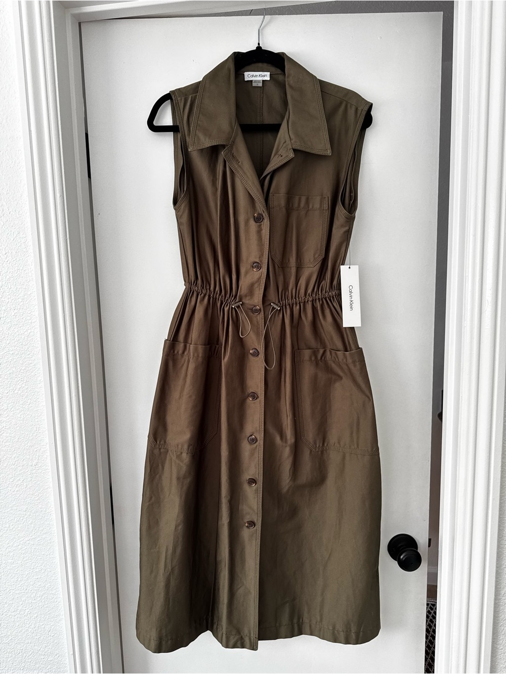 Calvin Klein Olive Sleeveless Button-Front Drawstring Waist Dress